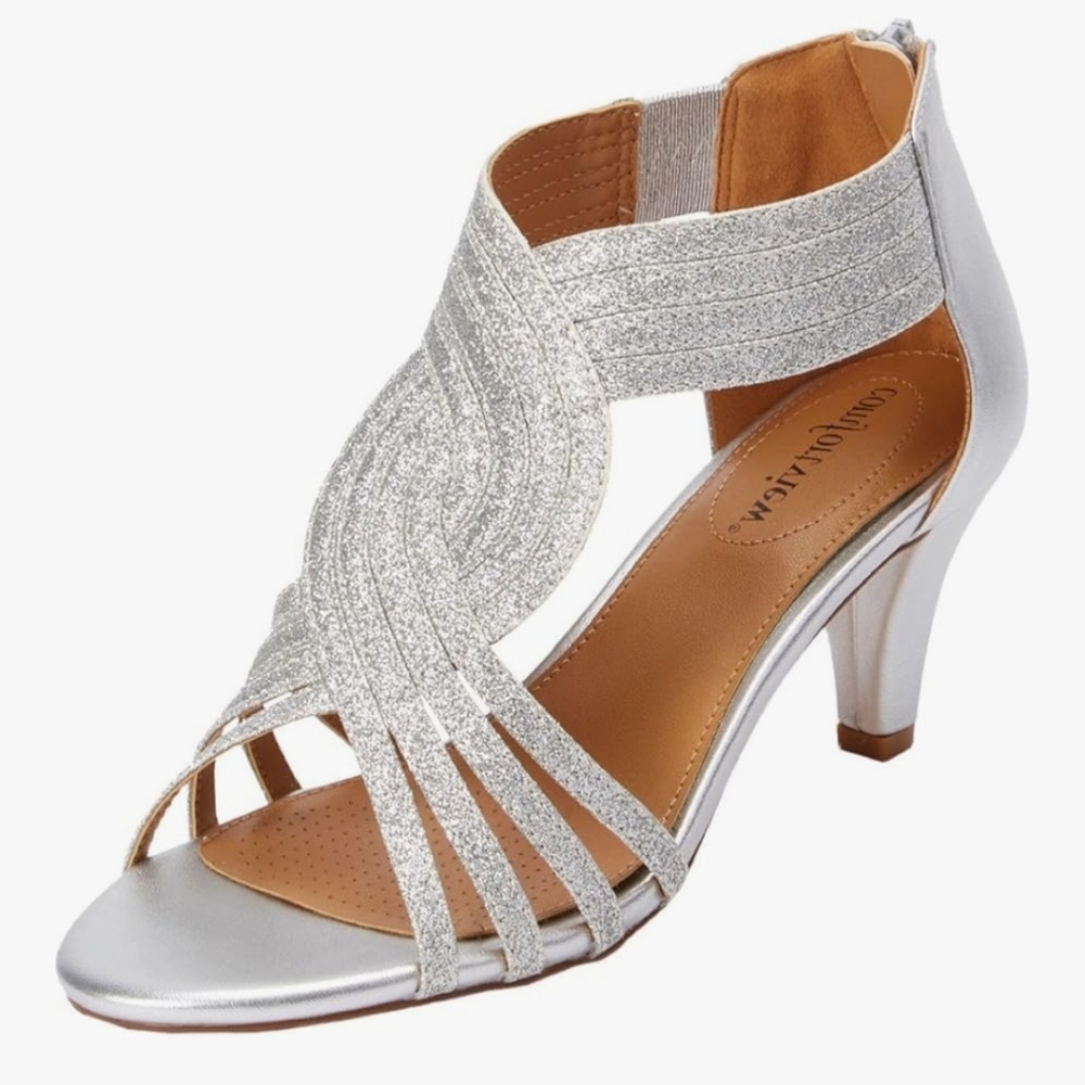 Comfortview Genevieve Silver Glitter Strappy Sandal Heels Pumps 12 W